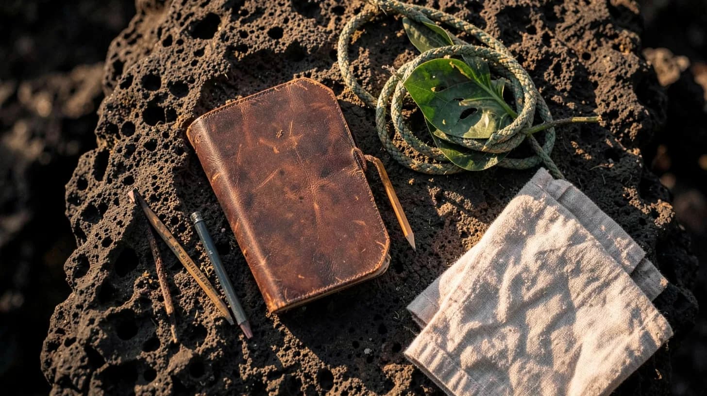 Overhead view on volcanic stone of a worn leather notebook, a pencil, a coiled rope, a folded linen towel and a green tropical leaf in warm afternoon light.