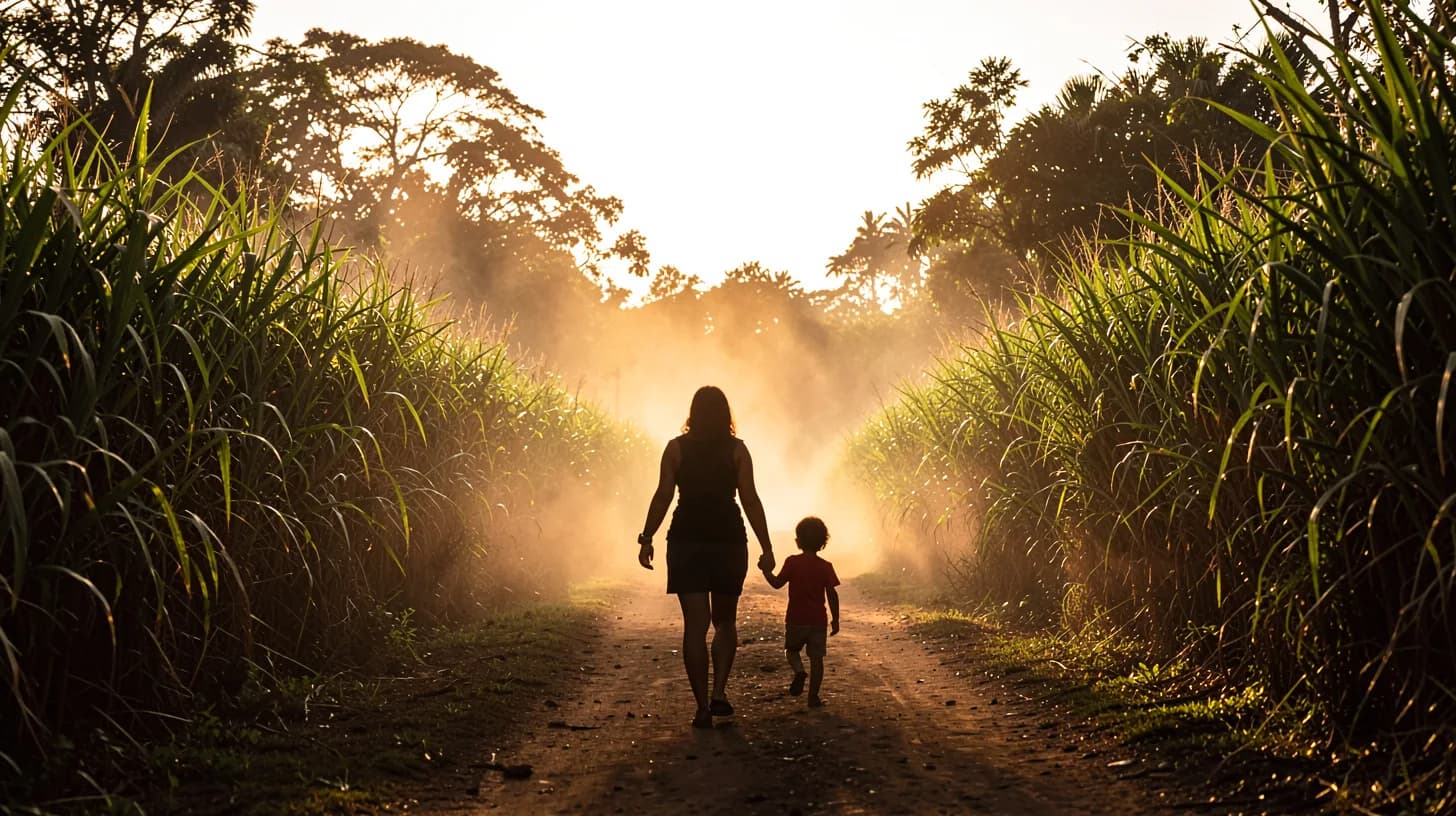 Distant backlit silhouette of a woman walking a dirt track holding a small child's hand between tall green sugar cane at golden hour