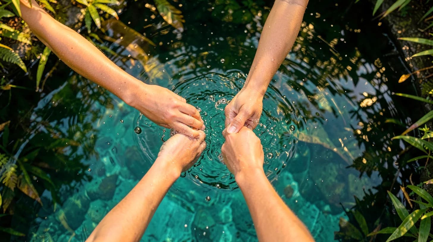 Overhead view of a woman's hands breaking the surface of a clear turquoise river pool, droplets suspended in golden light
