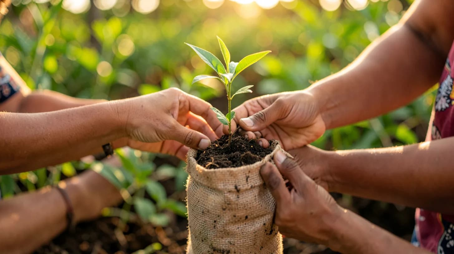 Close-up of two women's hands passing a small native tree seedling in a soil-filled nursery bag, in warm golden light