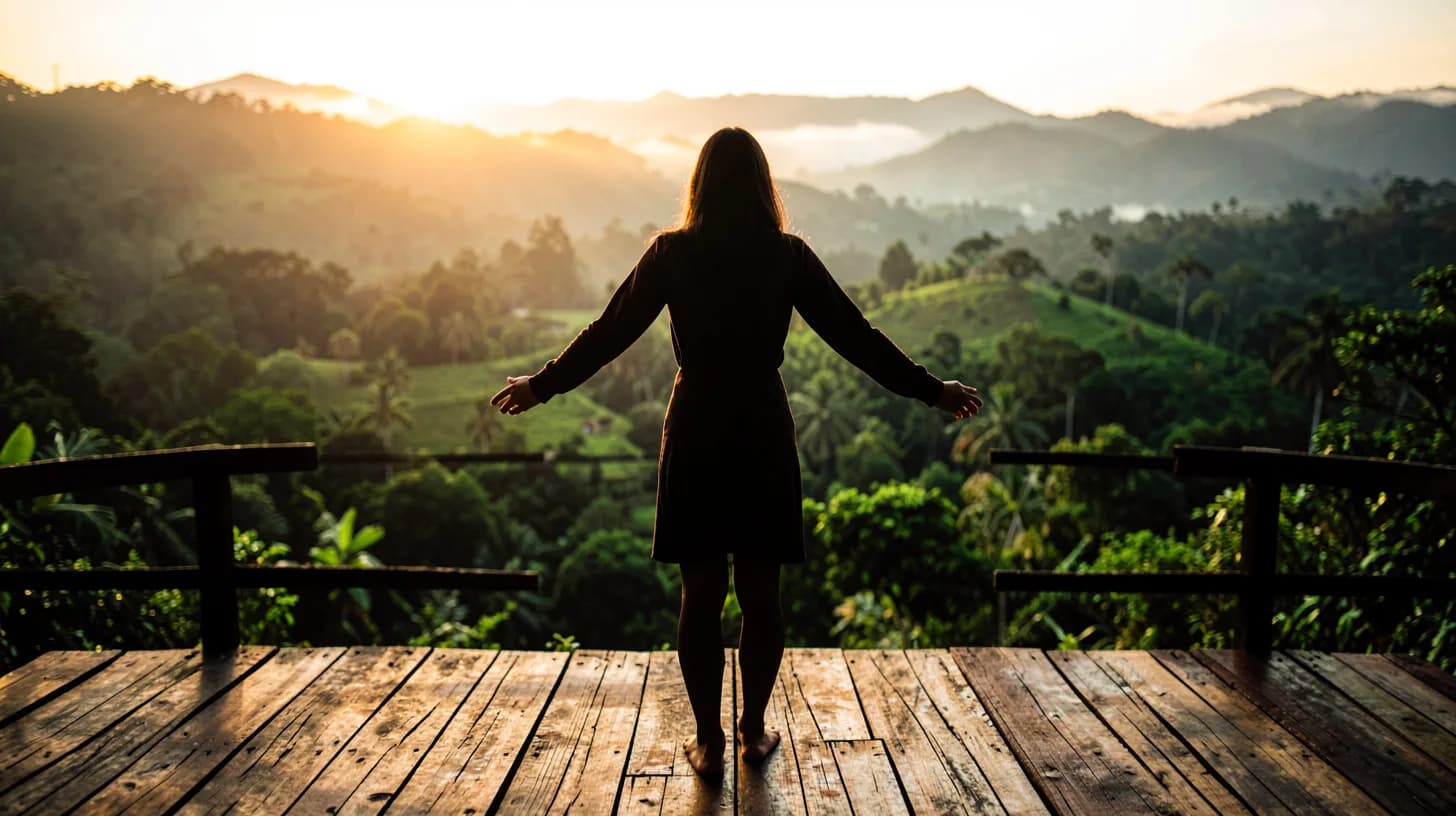 Silhouette of a woman seen from behind standing barefoot on a wooden deck facing a wide green tropical valley at golden hour