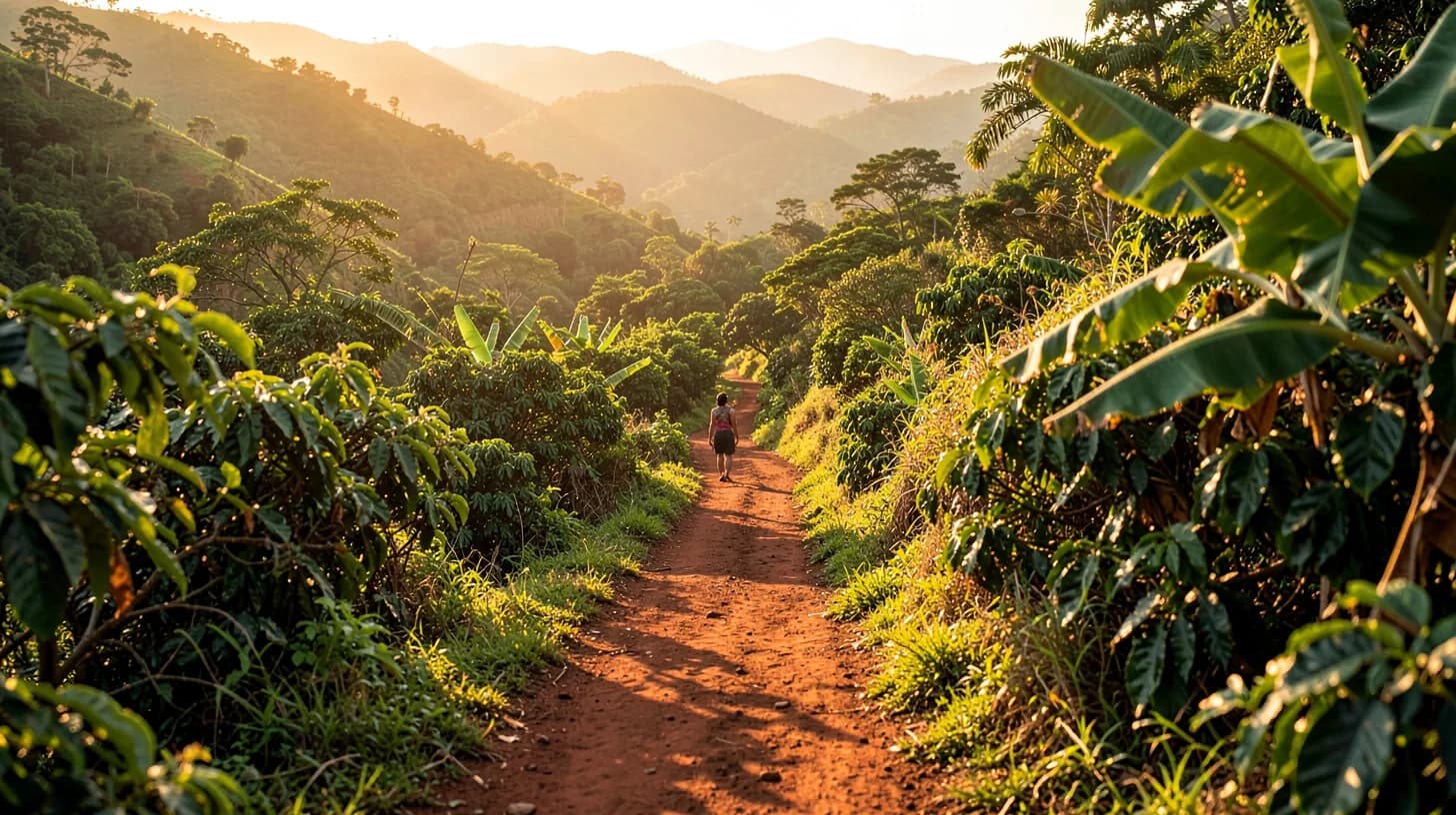 A narrow red-earth path winding through green Andean foothills, a distant figure walking away in golden evening light