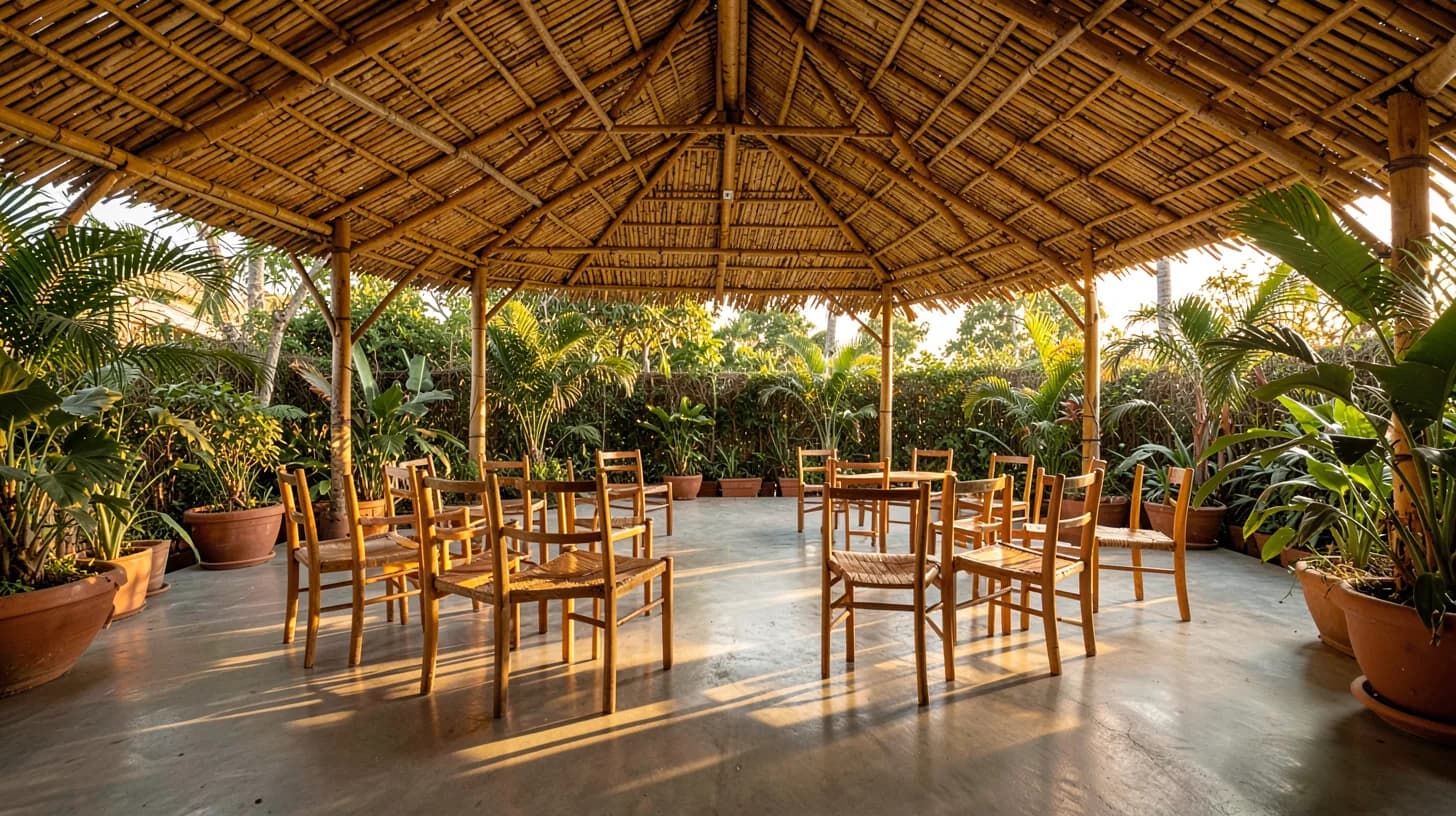 An empty circle of simple handmade wooden chairs on a covered open-air terrace with a guadua bamboo roof, warm late-day light across a polished concrete floor.