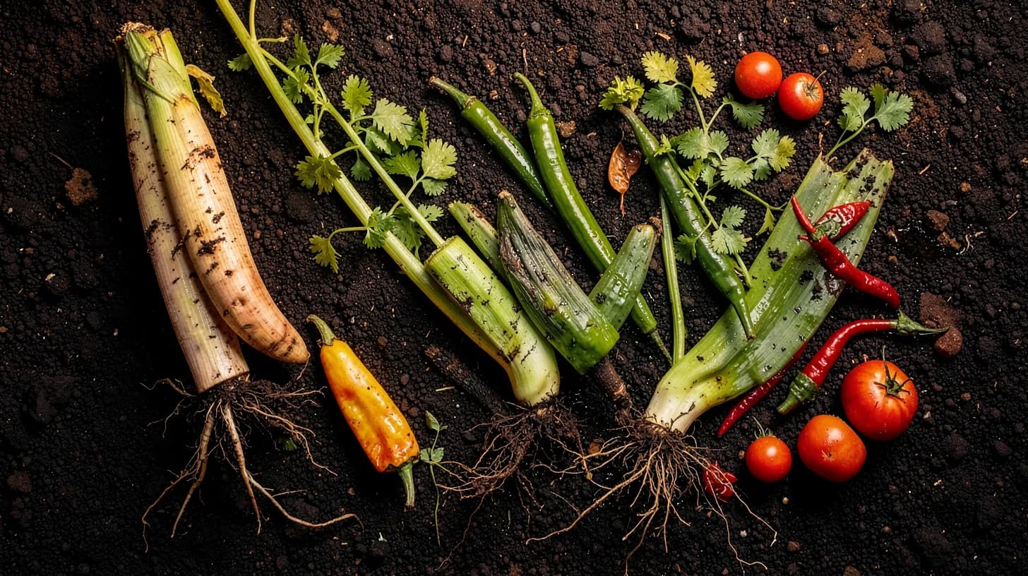 Overhead view of freshly harvested tropical vegetables and herbs laid on dark volcanic soil, wet earth still clinging to the roots.