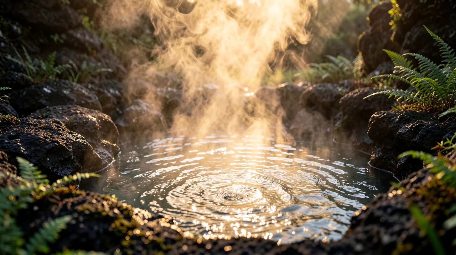 Close detail of a natural rock pool of steaming thermal water in shade, steam curling upward through a beam of warm backlight.