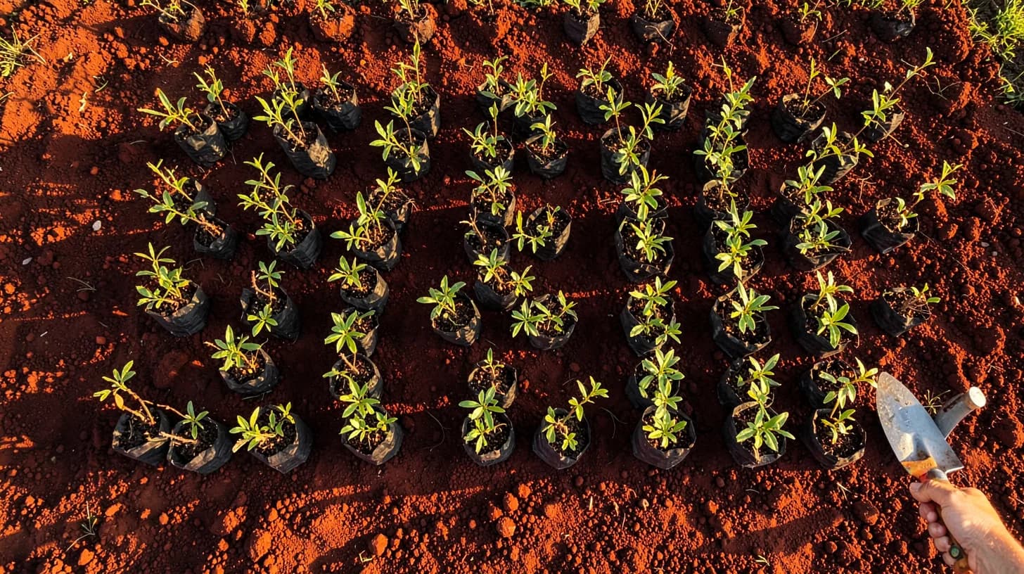Top-down view of rows of young native tree saplings in black nursery bags on deep red volcanic soil, with a watering can and trowel at the edge of frame.