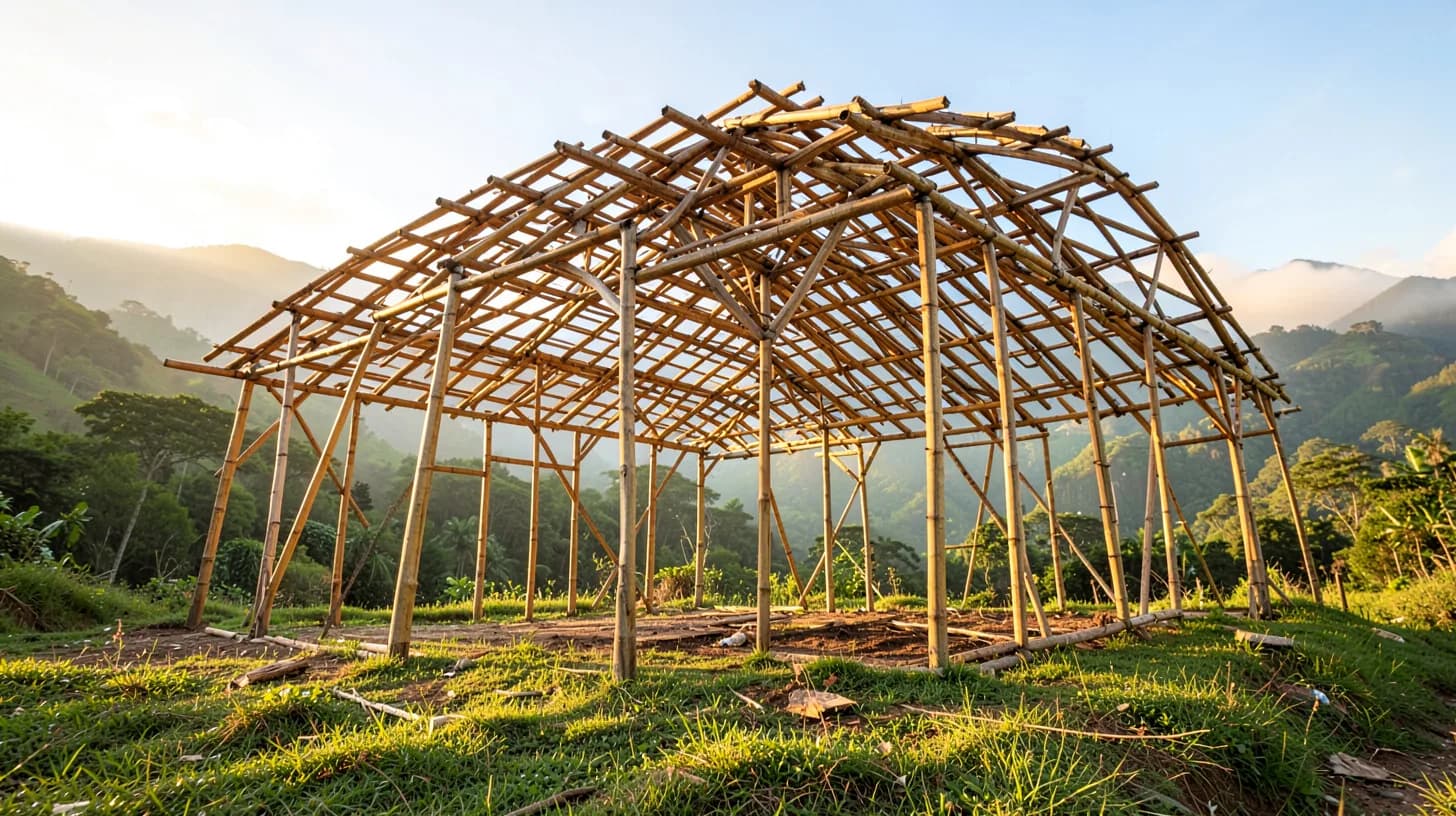 Unfinished open timber and bamboo roof frame standing in a hillside clearing, no walls, green Andean valley and morning mist beyond.