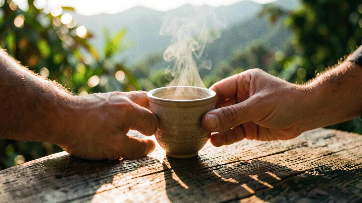Two hands cradling a small handmade ceramic cup of steaming aguapanela on a weathered wooden table, blurred tropical foliage behind.