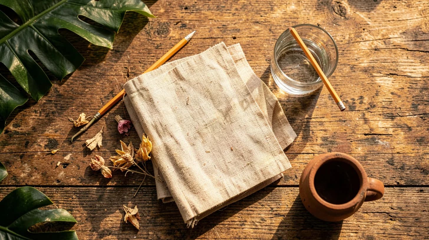 Flat-lay on a wooden table in golden morning light: a linen notebook, a pencil, a glass of water and dried tropical flowers