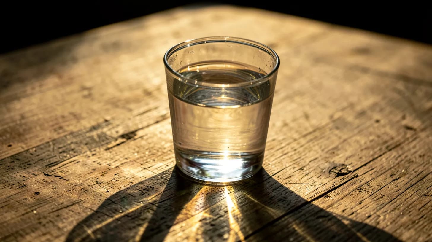 A plain glass of clear water on a bare wooden table, backlit by low golden sun casting a bright caustic pattern on the wood