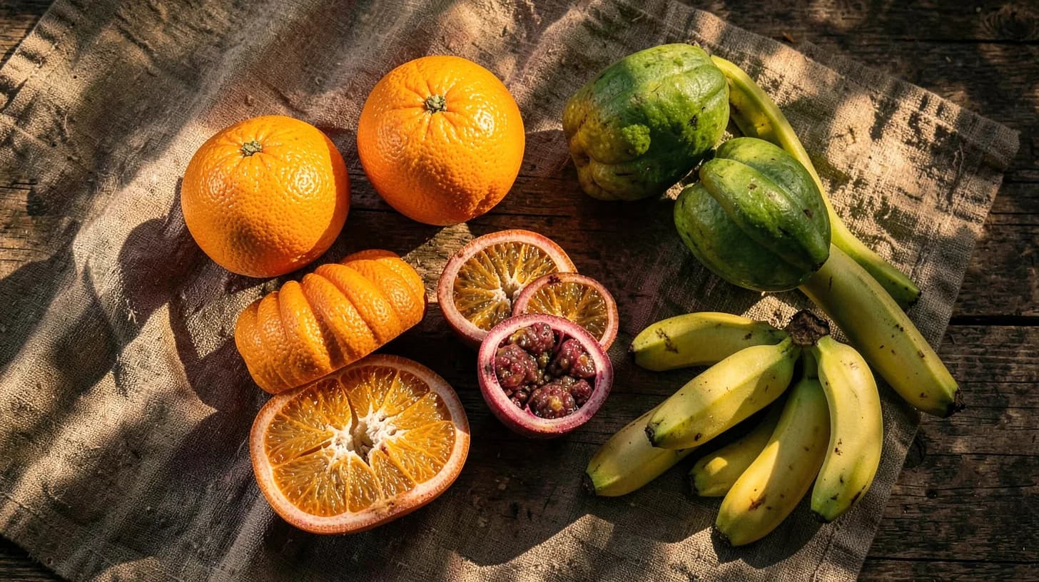 Overhead flat lay of whole and halved tropical fruit on a rough wooden table in warm afternoon light.