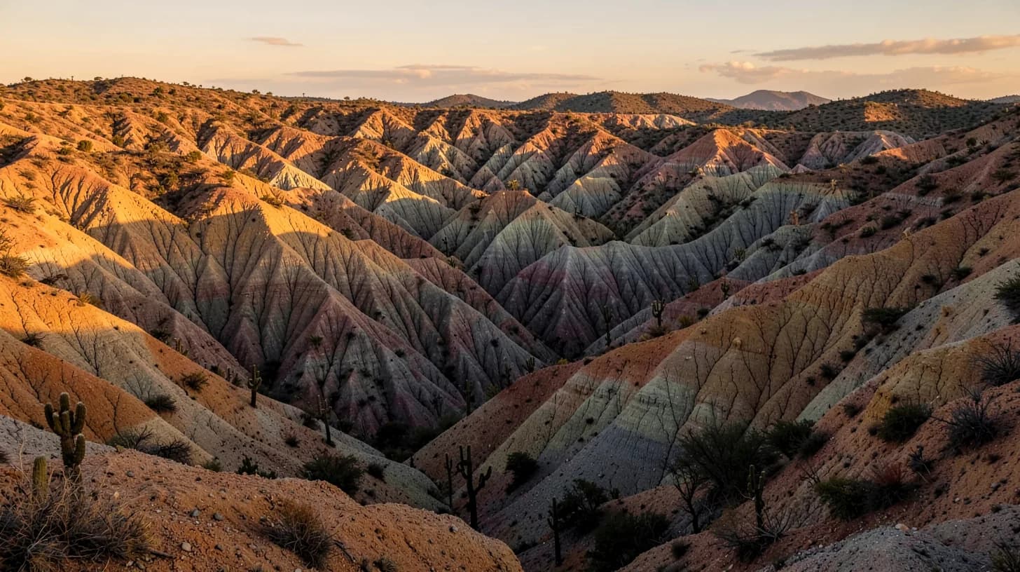 Eroded ochre and grey badland canyons of a tropical dry landscape at sunset, layered sedimentary walls and scattered cactus casting long shadows.