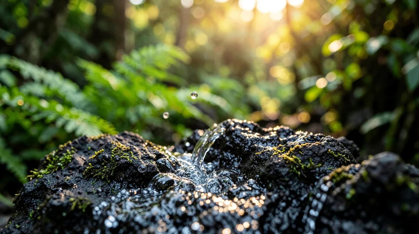 Macro shot of clear spring water spilling over dark mossy volcanic rock, backlit in warm golden light with ferns blurred behind