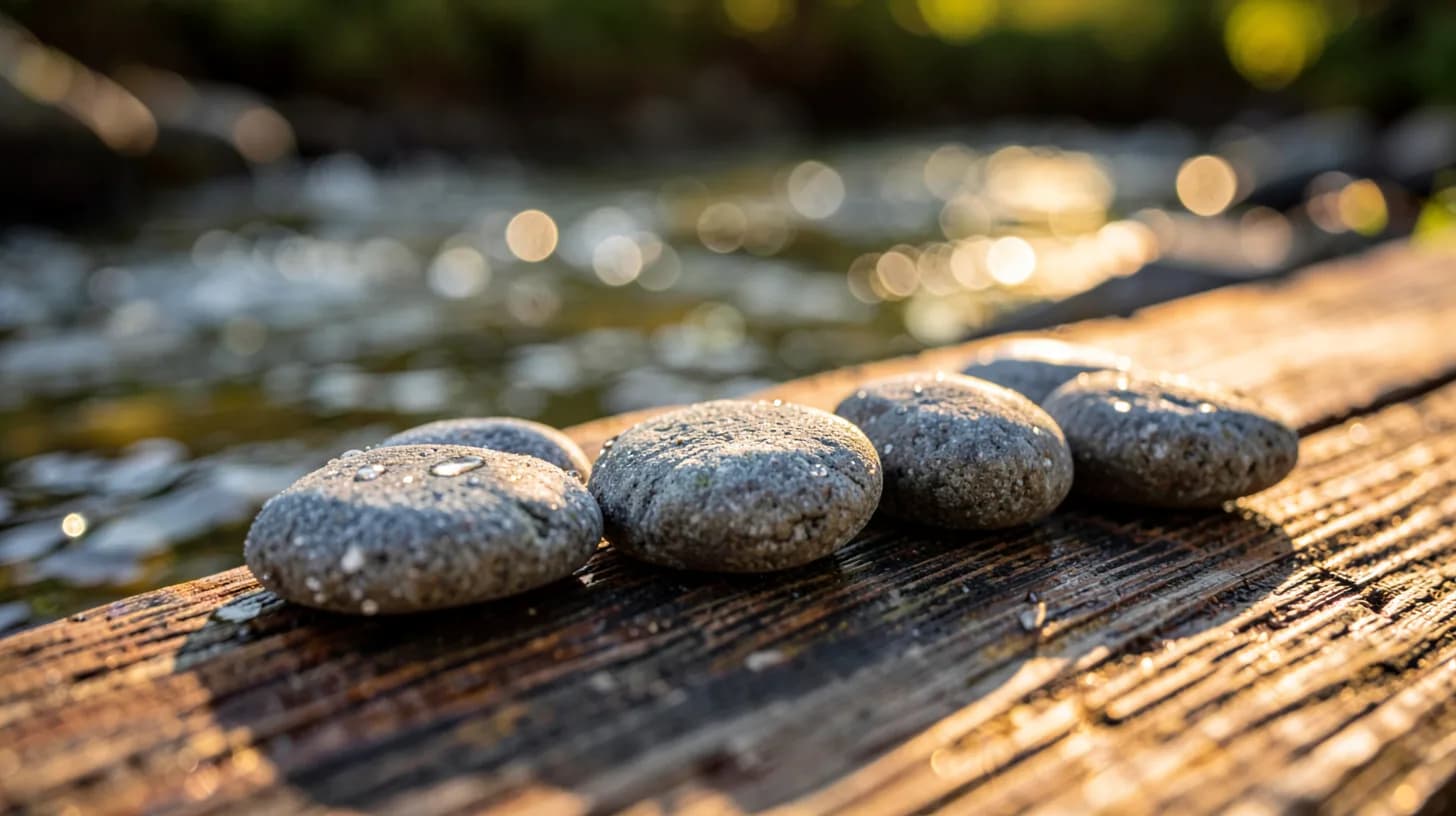 Seven smooth grey river stones in a row on a weathered hardwood plank beside a clear stream, warm golden backlight and shallow focus.