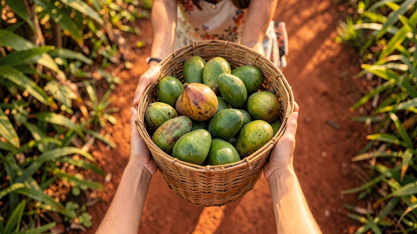 Overhead view of forearms and hands carrying a heavy woven palm basket filled with tropical fruit along a red earth path in warm afternoon light