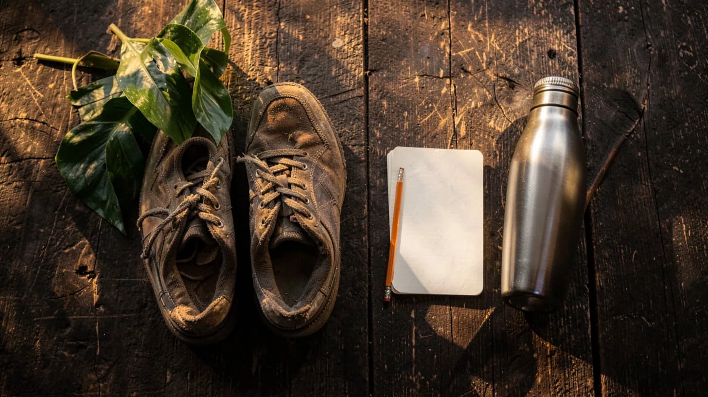 Overhead flat lay on weathered dark wood of worn training shoes, an open notebook, a steel water bottle and a sprig of green leaves in golden morning light