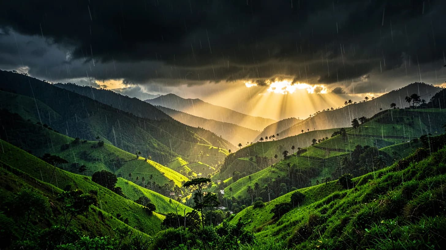 A curtain of rain sweeping across bright green Andean foothills while low golden sunlight breaks beneath dark storm clouds.