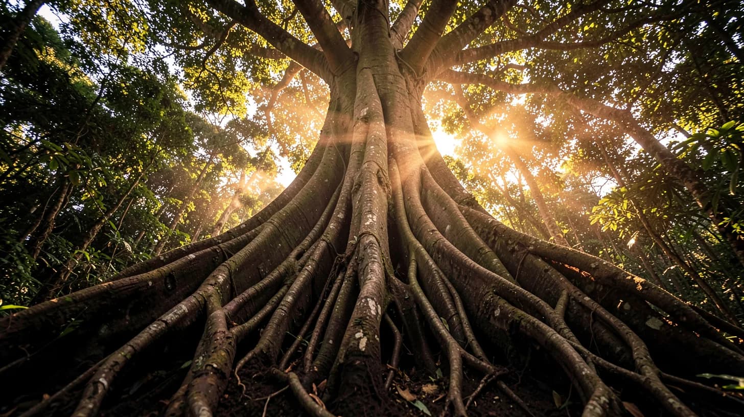 Low wide-angle view up the enormous buttress roots of an ancient ceiba tree gripping dark earth, golden sunbeams breaking through the canopy