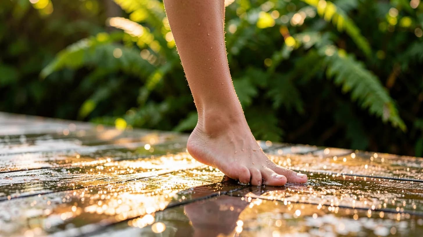 Macro detail of a woman's calves and ankles mid-step on a dew-covered wooden deck at first light, ferns blurred behind