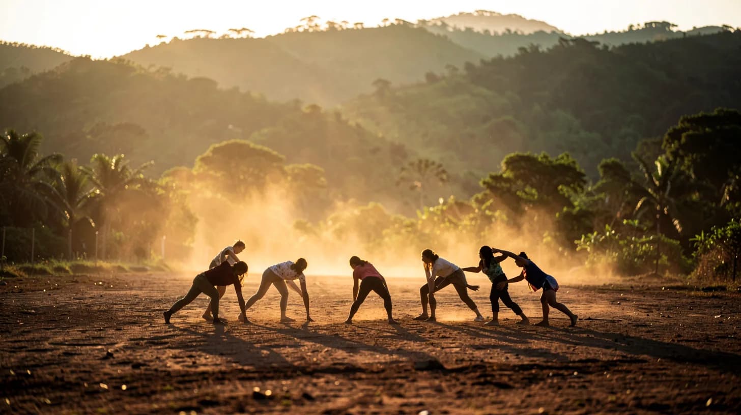 Distant silhouettes of women stretching in a loose circle on a dusty rural pitch at golden hour, green hills behind