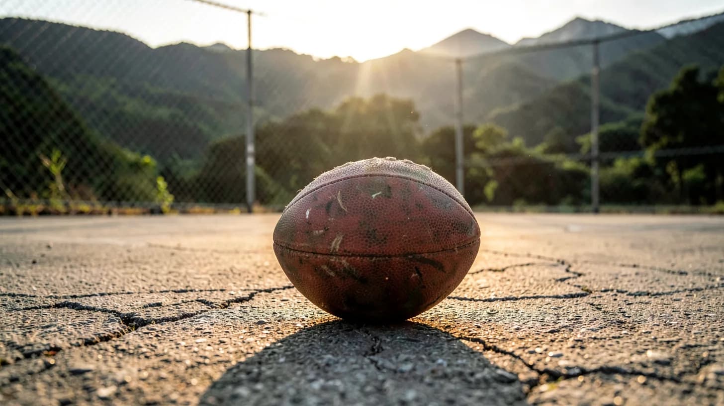 A scuffed leather football resting on the cracked concrete of an empty rural sports court at golden hour, chain-link fence and green Andean mountains behind.