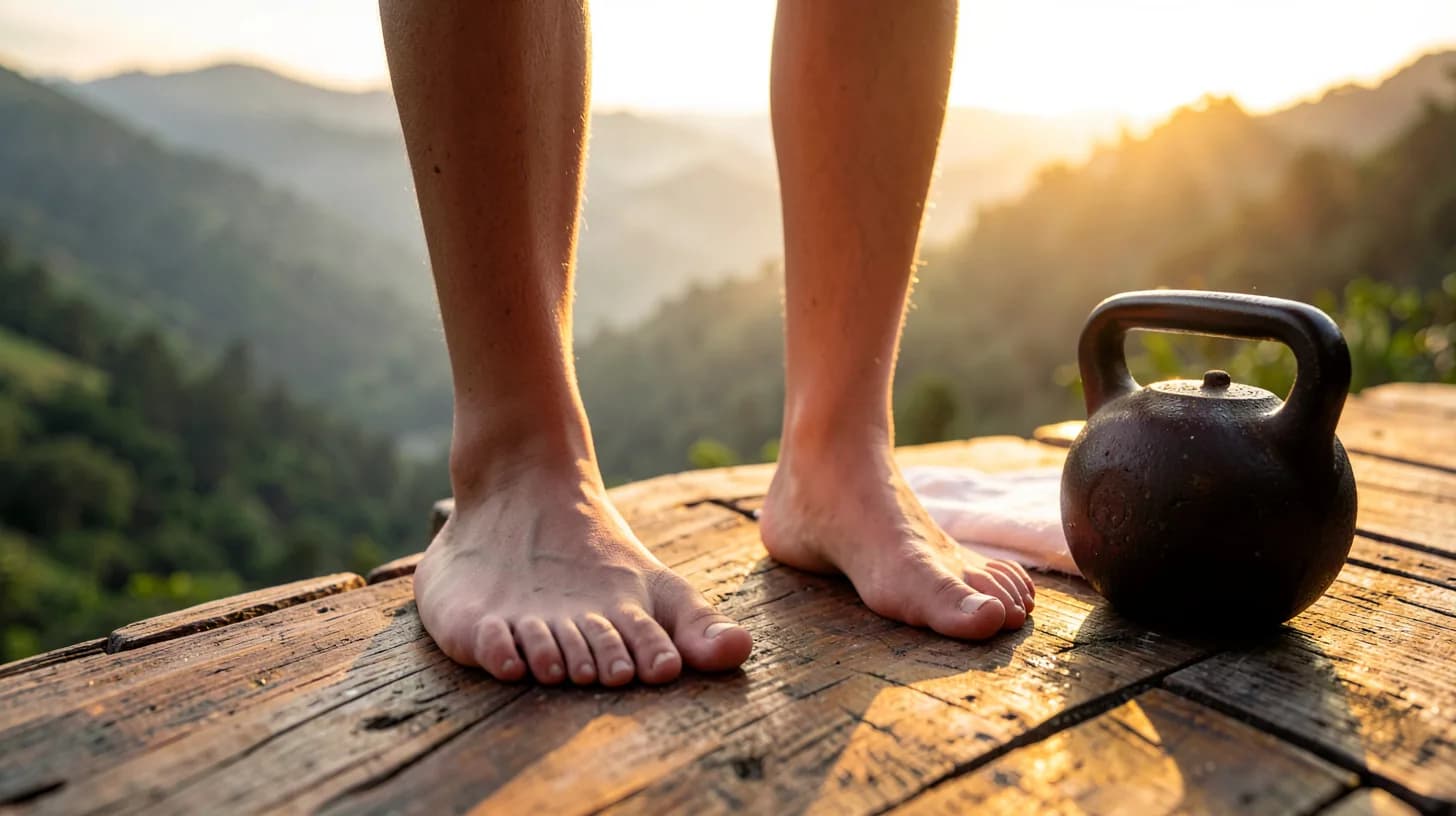 Bare feet on a weathered teak platform at sunrise beside a rolled mat and a kettlebell, mist over a green Andean valley