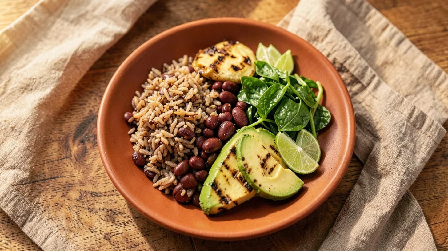 Overhead view of a composed meal on a terracotta plate: brown rice, red beans, grilled plantain, avocado and greens with lime on a raw wooden table.