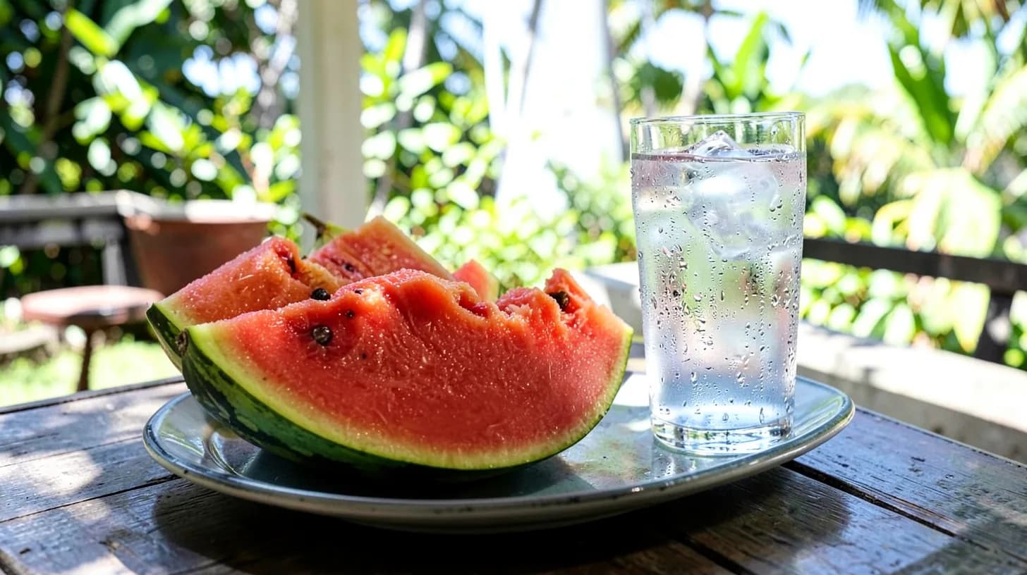 Wedges of ripe papaya and watermelon on a cool ceramic platter beside a sweating glass of iced water, on a shaded veranda in bright tropical midday.