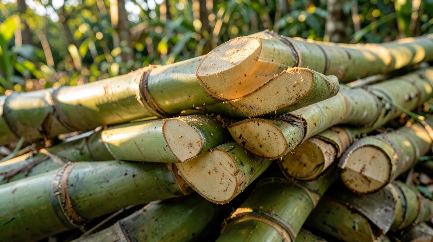Freshly cut giant guadua bamboo culms stacked in a forest clearing, warm golden light raking across the pale green nodes.