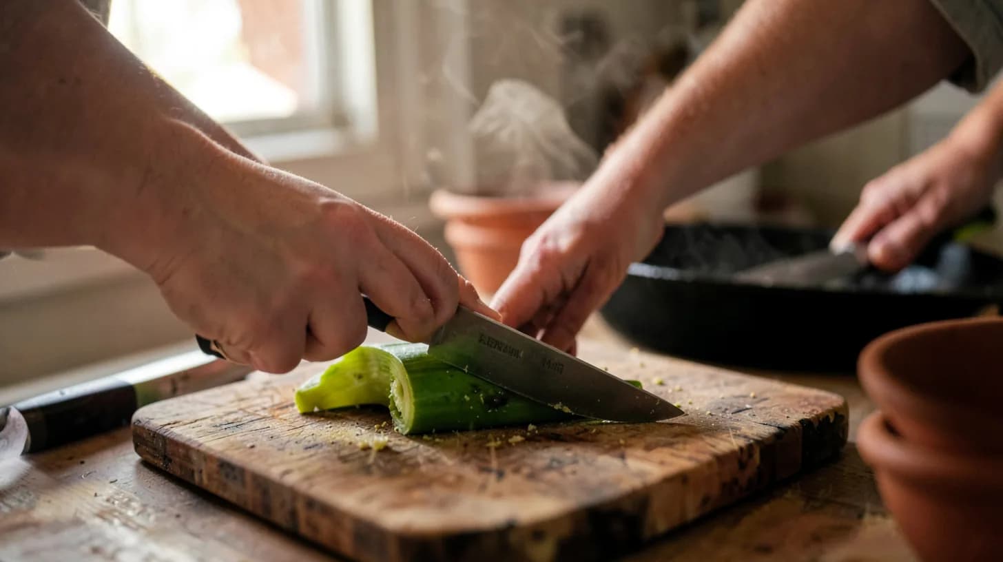 Close-up of hands slicing a green plantain on a worn wooden board beside a cast iron skillet, warm side light.