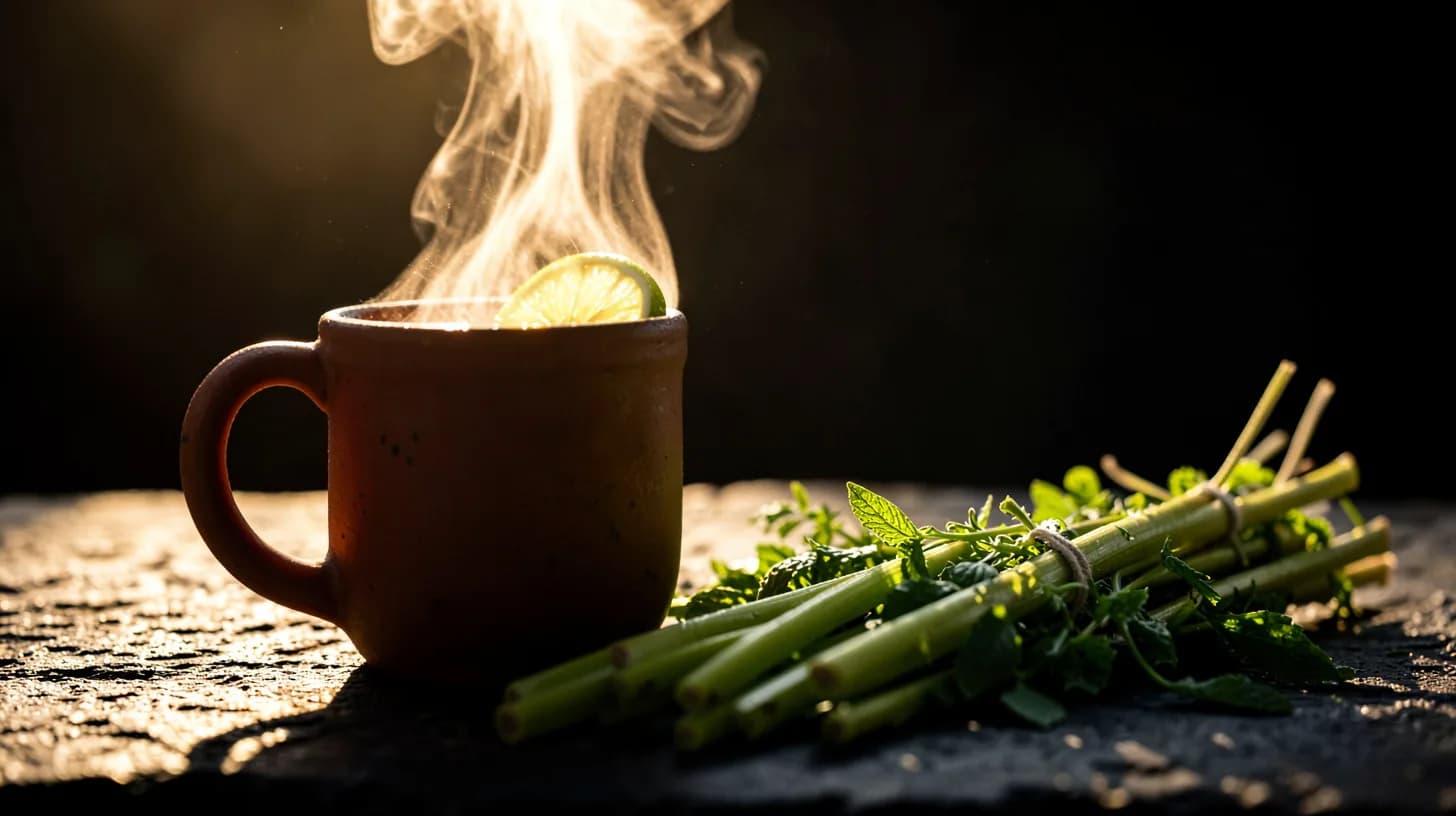 Backlit clay mug of hot aguapanela with a slice of lime, steam catching golden light beside a bundle of fresh lemongrass and mint on dark stone.