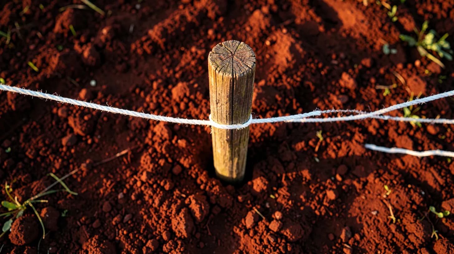Top-down view of a wooden survey stake in damp red soil with a taut string line stretched across it, in warm late-afternoon light