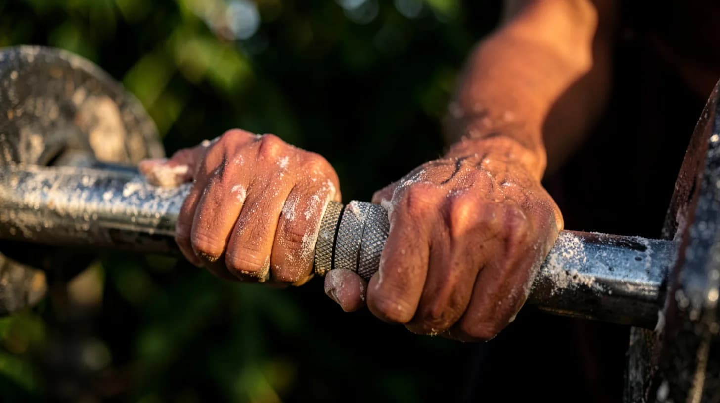 Close-up of chalk-dusted hands gripping the knurled centre of a steel barbell in warm golden light