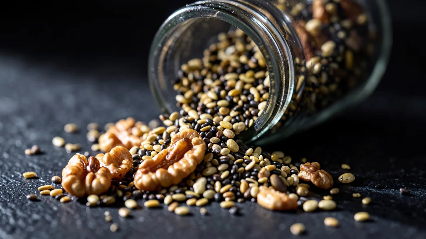 Extreme macro of golden flaxseeds, chia and cracked walnut halves spilling from a tipped glass jar across dark slate under hard side light.