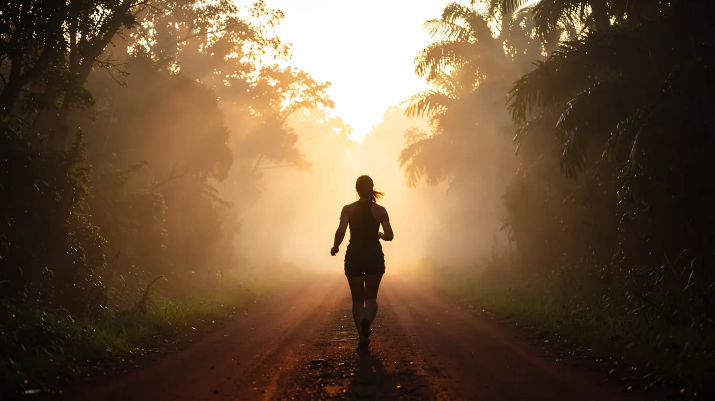 Backlit silhouette of a lone woman running away from the camera along a red dirt road at dawn, thick mist and tropical trees on both sides.