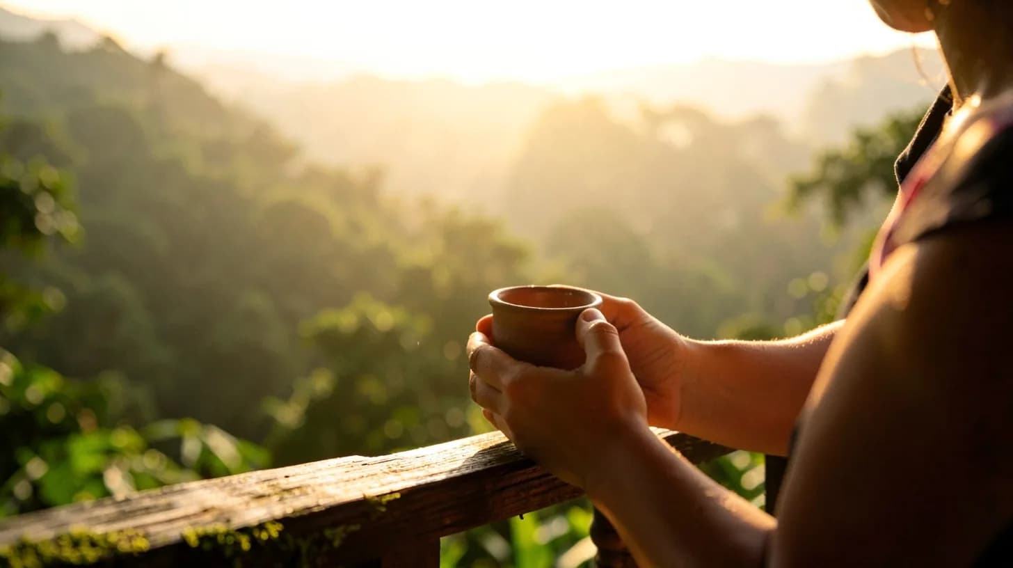 Backlit view of a woman's hands cradling a small clay cup on a wooden terrace railing, late afternoon sun flaring over a green Andean hillside.
