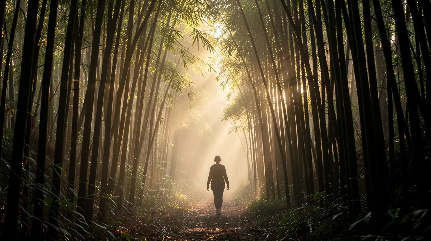 Contre-jour photograph of a distant lone silhouette walking away along a misty path between tall bamboo stalks, golden sunbeams through morning fog