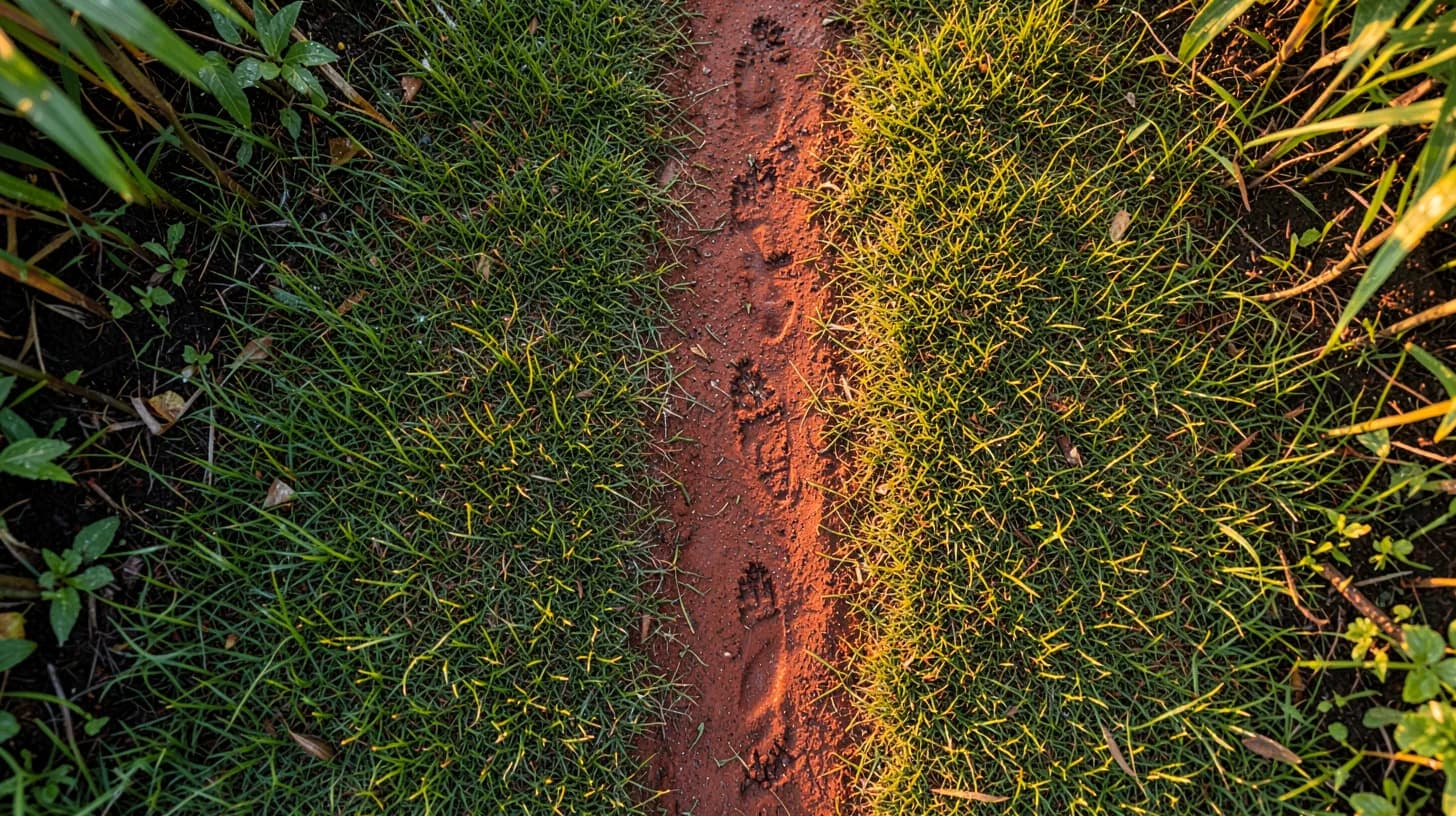 Overhead view of a narrow footpath worn into wet tropical grass and red earth at dawn