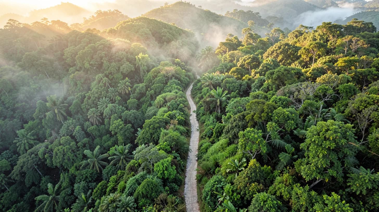 High aerial view of a narrow footpath cut through dense green tropical hillside, the trail winding as a pale ribbon through low morning mist.