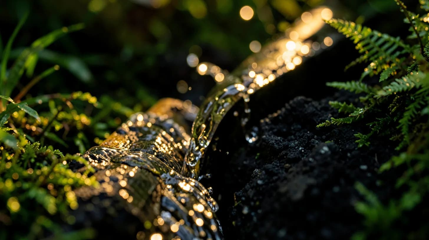 Backlit close-up of clear spring water spilling over dark volcanic stone into a split bamboo channel, droplets suspended in golden light.