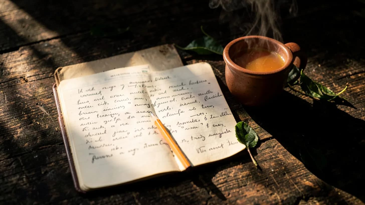 Flat-lay of an open handwritten notebook, a pencil and a steaming clay cup of aguapanela on dark weathered wood in morning light