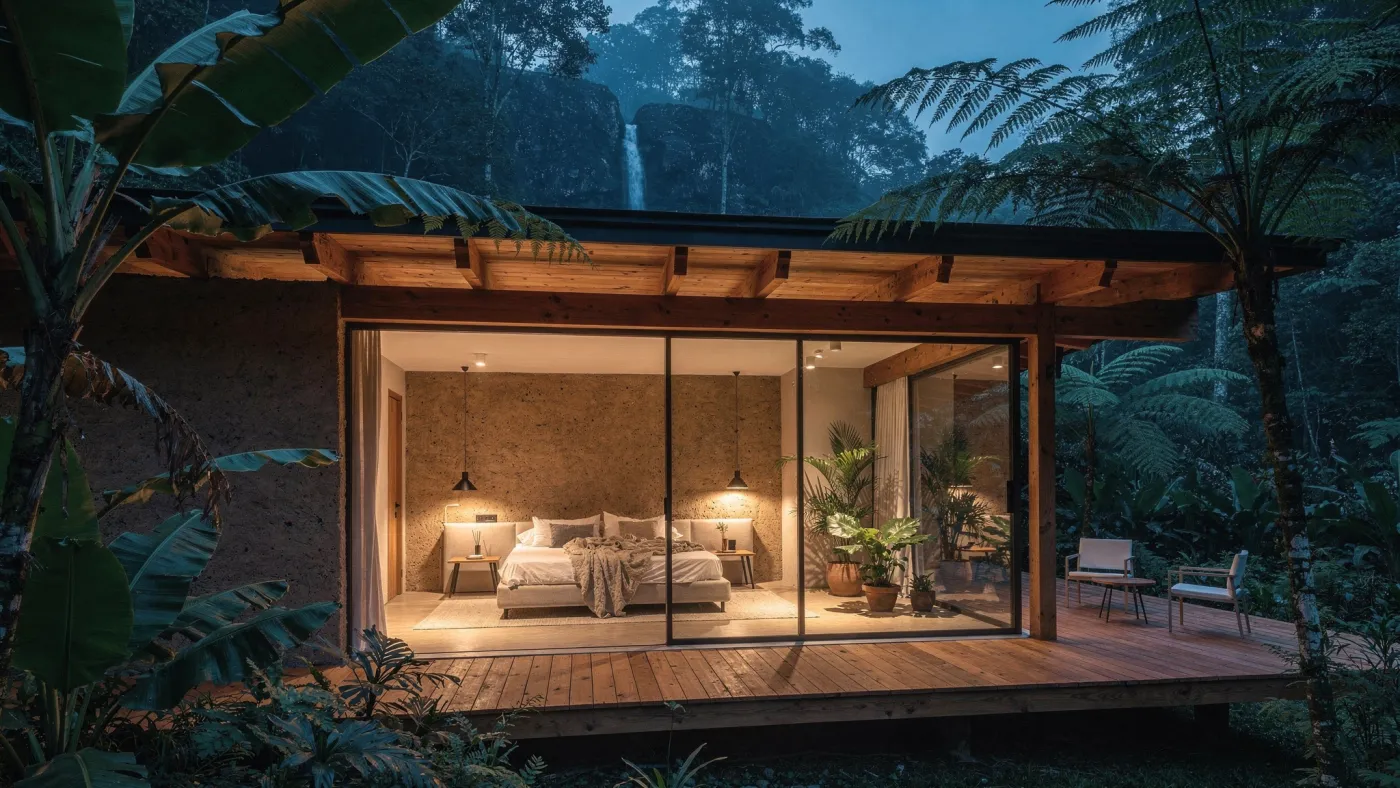 Éco-bungalow ouvert sur la forêt à la tombée de la nuit