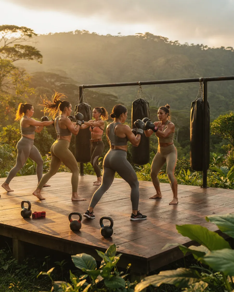 Séance de boxe au lever du soleil face à la vallée